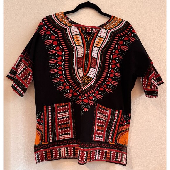 African Dashiki Traditional Boohoo Dressy Shirt Top Black Multicolor 48" Chest‎ - Picture 2 of 8